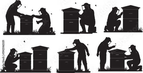 Black Solid Apiary Beekeeper Silhouettes Set of Six on White Background