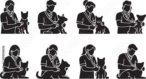 Black Solid Animal Care Veterinarian Silhouettes Set of Six on White Background