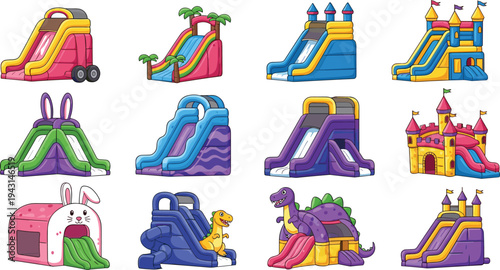 Kids Playground Slides Set with Colorful Inflatable Slide Castles Dinosaur and Bunny Play Equipment Vector Illustration