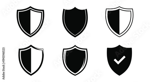 Collection of diverse black and white vector shield icons representing security and protection concepts