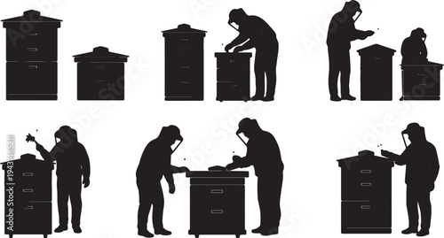 Black Solid Apiary Beekeeper Silhouettes Set of Six on White Background