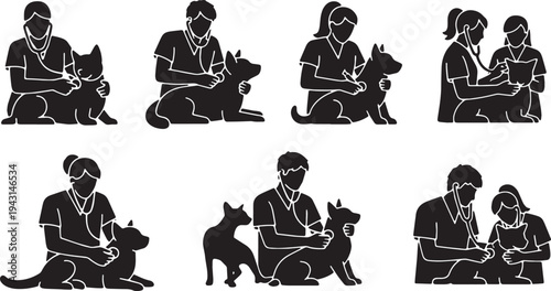 Black Solid Animal Care Veterinarian Silhouettes Set of Six on White Background
