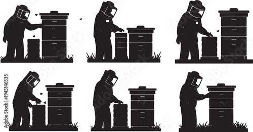 Black Solid Apiary Beekeeper Silhouettes Set of Six on White Background