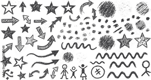 Hand drawn crayon scribble element set with sketch arrows, scribbled stars, random curves, messy swatches. Chaotic grunge marks, sketched confetti, children chalk drawing. Vector illustration