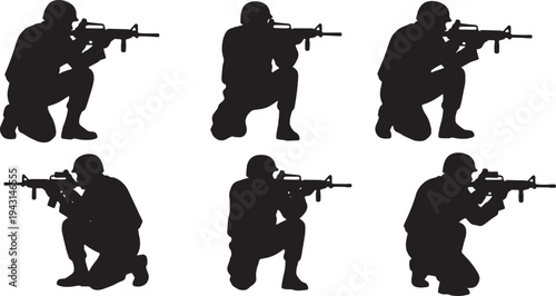 Black Solid Army Soldiers Aiming Rifles Silhouettes Set of Six on White Background