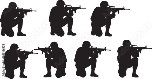 Black Solid Army Soldiers Aiming Rifles Silhouettes Set of Six on White Background