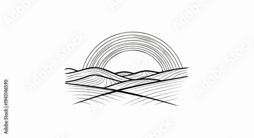 Stylized black and white drawing of a semi-circle over rolling hills