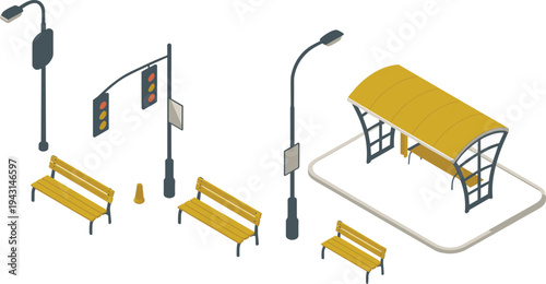 Isometric bus stop shelter, urban street furniture set, traffic lights street lamps benches, public transport infrastructure illustration