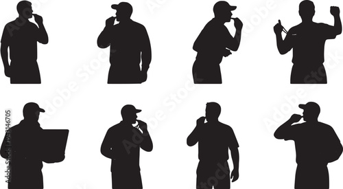Black Solid Athletic Sports Coach Silhouettes Set of Six on White Background