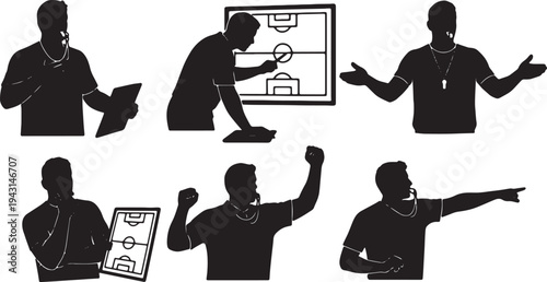 Black Solid Athletic Sports Coach Silhouettes Set of Six on White Background