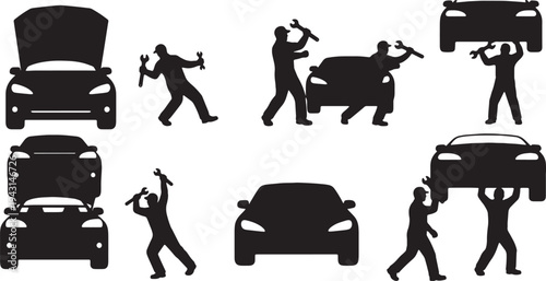 Black Solid Auto Mechanics Sliding Cars Silhouettes Set of Six on White Background