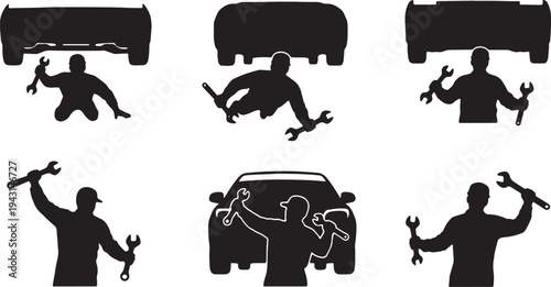 Black Solid Auto Mechanics Sliding Cars Silhouettes Set of Six on White Background