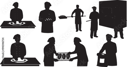 Black Solid Bakery Pastry Baker Silhouettes Set of Six on White Background