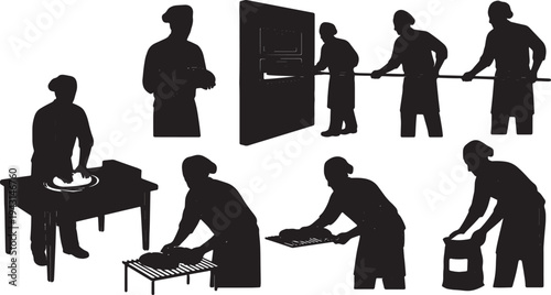 Black Solid Bakery Pastry Baker Silhouettes Set of Six on White Background