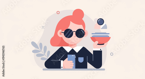 Stylized person with red hair, round sunglasses, and holding a bowl of stacked items