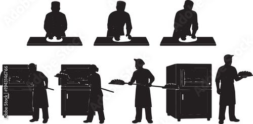 Black Solid Bakery Pastry Baker Silhouettes Set of Six on White Background