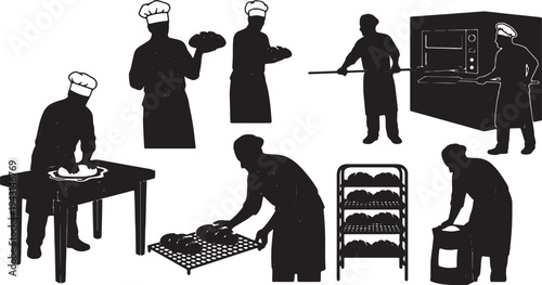 Black Solid Bakery Pastry Baker Silhouettes Set of Six on White Background