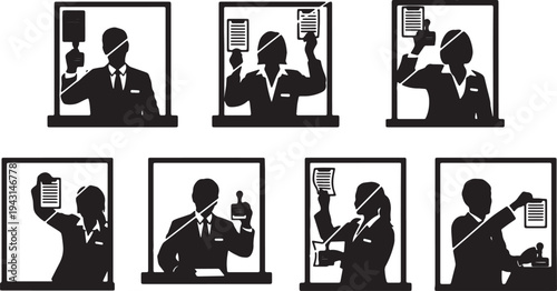 Black Solid Bank Tellers Stamping Documents Silhouettes Set of Six on White Background