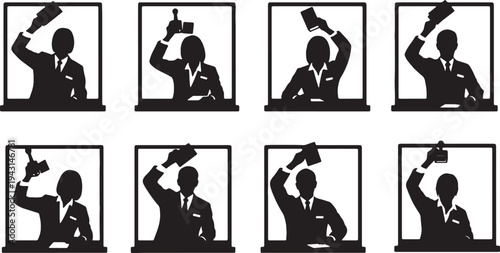 Black Solid Bank Tellers Stamping Documents Silhouettes Set of Six on White Background