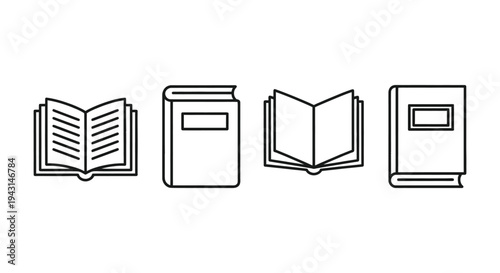 Outline vector graphic set featuring open and closed books, symbolizing education, knowledge, and learning resources.