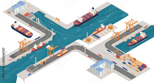 Isometric cargo port logistics hub, container ships, harbor cranes, shipping terminal, freight transportation, global trade harbor infrastructure illustration