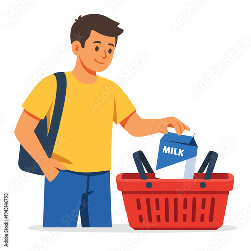 Young man placing milk in a shopping basket