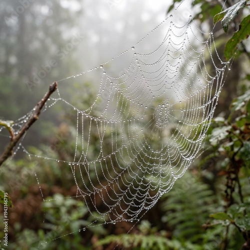 Spider Web in Fog: A close-up shot of a delicate spider web glistening with water droplets in a misty forest environment, capturing the serene beauty of the natural world.