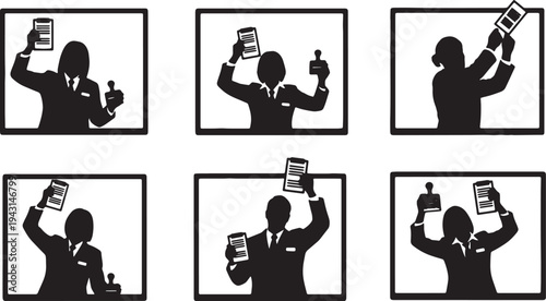 Black Solid Bank Tellers Stamping Documents Silhouettes Set of Six on White Background