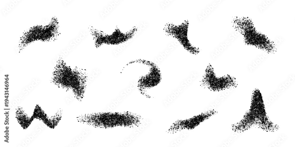 Naklejka premium Dust powder. Dust particles scatter. Black grain dots forming curved marks on light background surface. Dark chaotic powder texture shapes. Abstract vector illustration.
