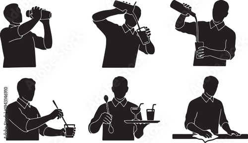 Black Solid Bartender Mixology Expert Silhouettes Set of Six on White Background