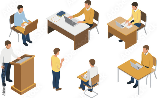 Isometric classroom learning scene with teacher and students, studying with laptops desks education training illustration