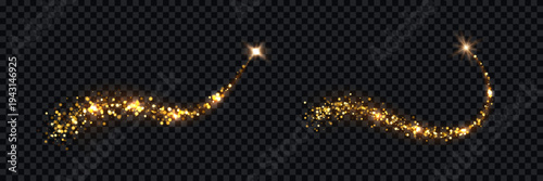 Magic gold dust light with glowing star. Sparkling golden particles forming smooth curved path ending in radiant light burst on dark background. Festive vector illustrations set.