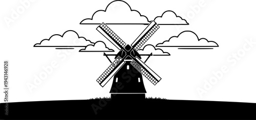 Black and White Silhouette of a Windmill in a Field with Clouds
