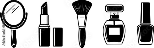 Set of cosmetic icons mirror, lipstick, brush, perfume, nail polish
