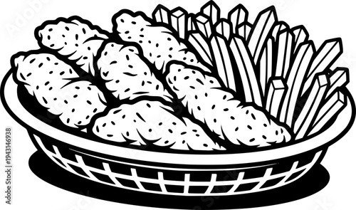 Black and White Illustration of Chicken Tenders and French Fries in a Basket
