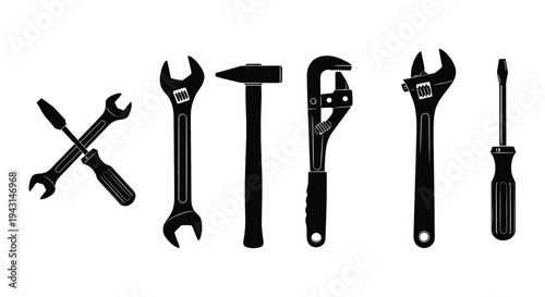 Collection of essential black silhouette hand tool vector graphic illustrations for repair and construction projects.