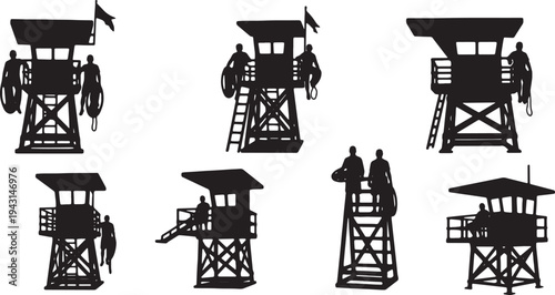 Black Solid Beach Pool Lifeguard Silhouettes Set of Six on White Background
