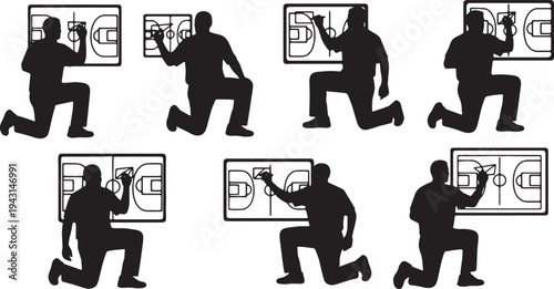 Black Solid Basketball Coaches Whiteboards Silhouettes Set of Six on White Background