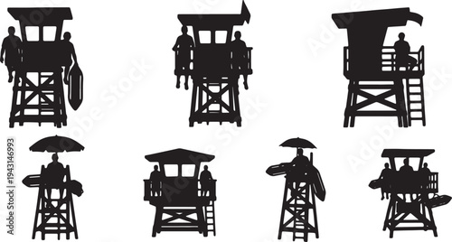 Black Solid Beach Pool Lifeguard Silhouettes Set of Six on White Background
