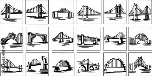 Collection of stylized line art bridge illustrations over water
