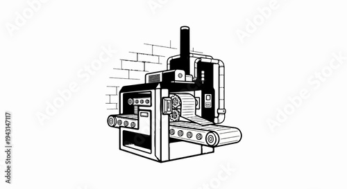 Black and white illustration of a complex industrial manufacturing machine with conveyor belts