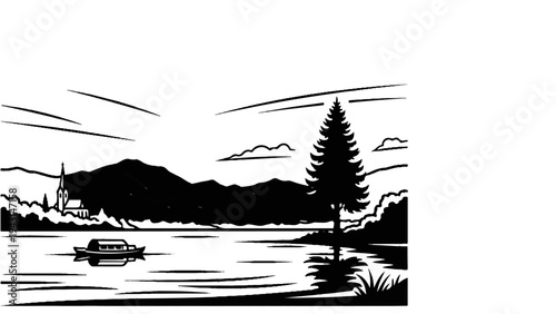 Serene lake scene with a boat, church, mountains, and a lone pine tree