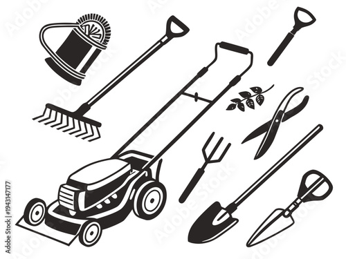 Gardening tools and lawn mower icon set, outdoor work equipment, manual and power tools collection