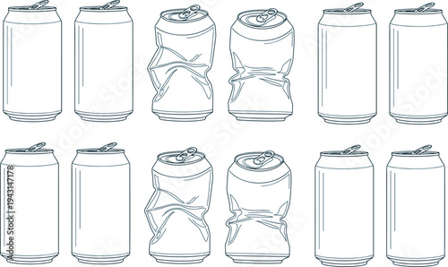 Soda Can Vector Illustration Set Showing Intact and Crushed Beverage Containers for Recycling Waste Management and Packaging