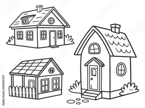 Collection of three cute house outlines with simple landscaping, suitable for real estate or design