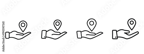 Hand holding map pin outline icon set featuring location point and address mark for navigation service and place tracking and more vector illustration or editable stroke