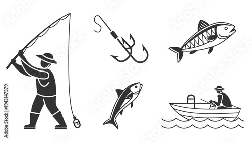 Fishing icons collection: fisherman with rod, boat with angler, fish, fishing hook