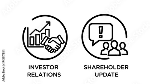 Investor relations and shareholder update icons: business communication, growth, and partnership