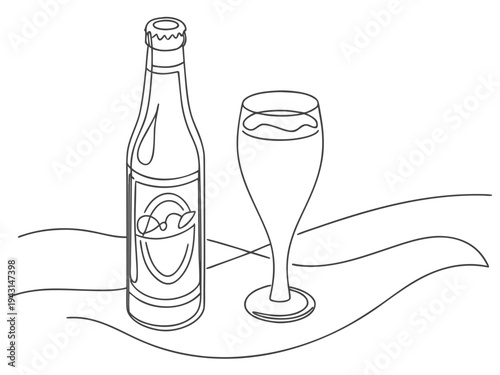Minimalist beer bottle and glass line art for refreshment and celebration