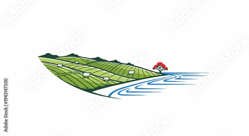 Rolling green hills with grazing sheep, a vibrant red tree, and flowing blue water
